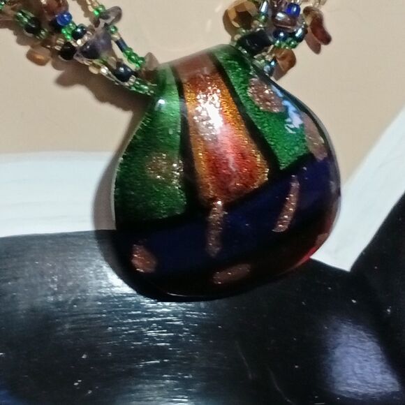 Boho Multistrand Beaded Art Glass Pendant Necklace Statement - Picture 5 of 11